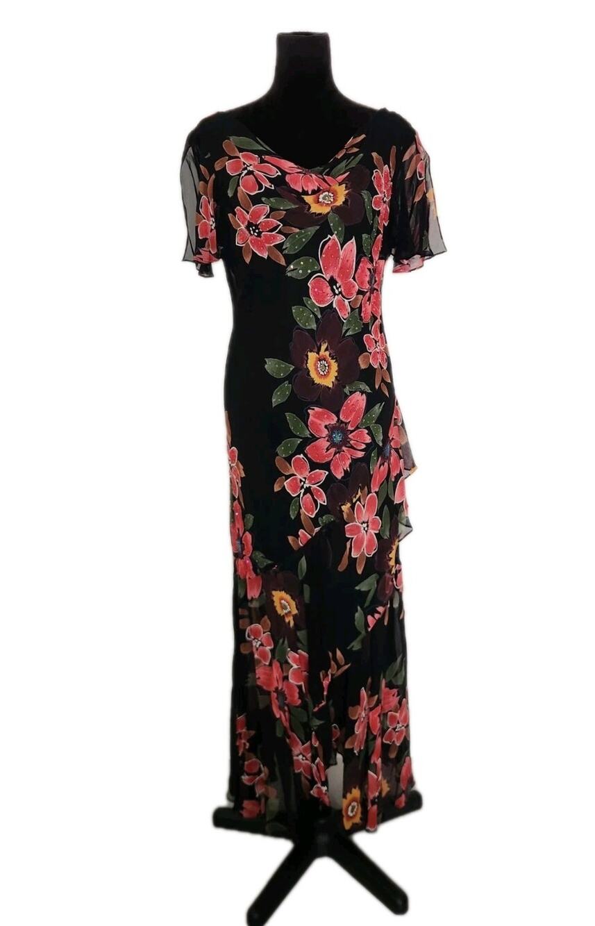 VTG Eva Blue Floral Beaded Tiered Romantic Maxi Dress Fairy Whimsigoth Y2K Sz 16